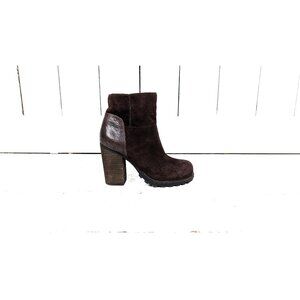 Brown suede leather chunky heel ankle boot